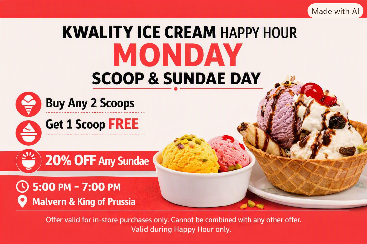 Monday — Scoop & Sundae Day: buy any 2 scoops get 1 free, 20% off any sundae